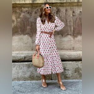 Women's Pink Patterned Midi Dress with Long Sleeves